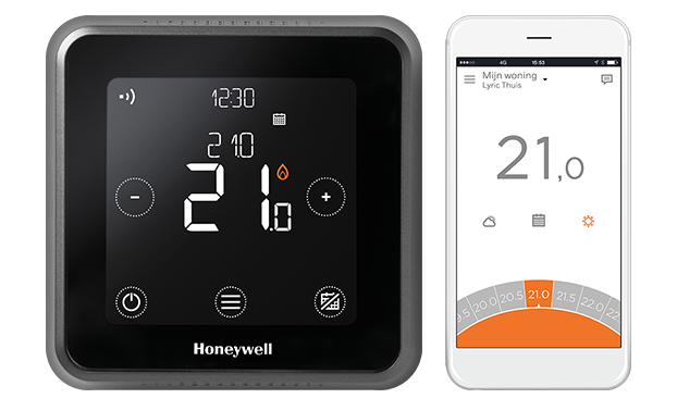 Thermostaat aan de muur met bijbehorende app in beeld